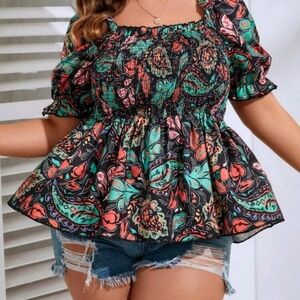 Floral Smocked Peplum Top - Black and Green